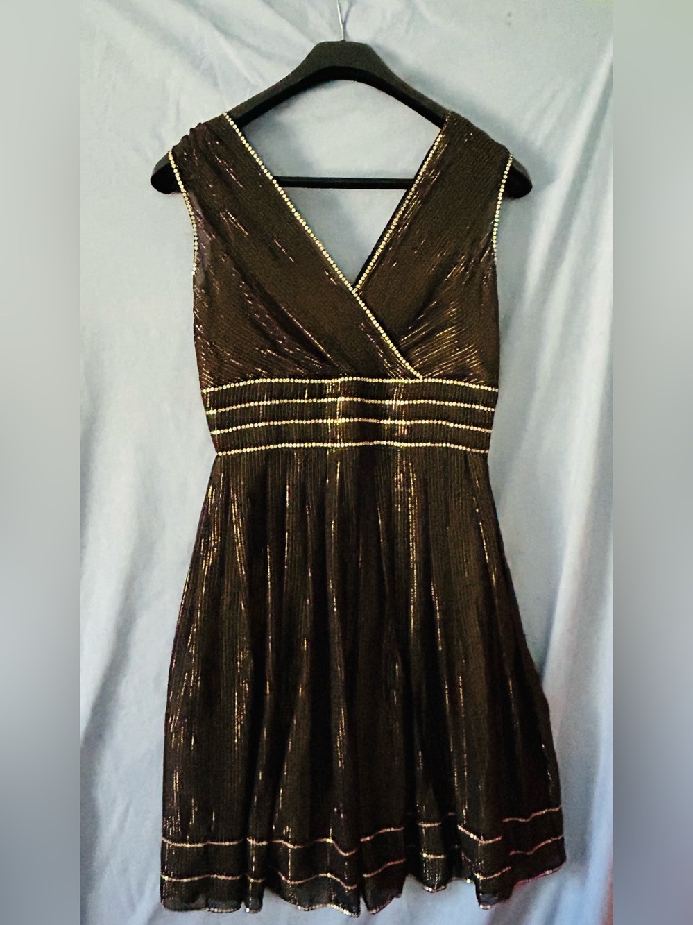 Adrianna Papell Black V-Neck Sleeveless Mini Dress with Metallic Trim